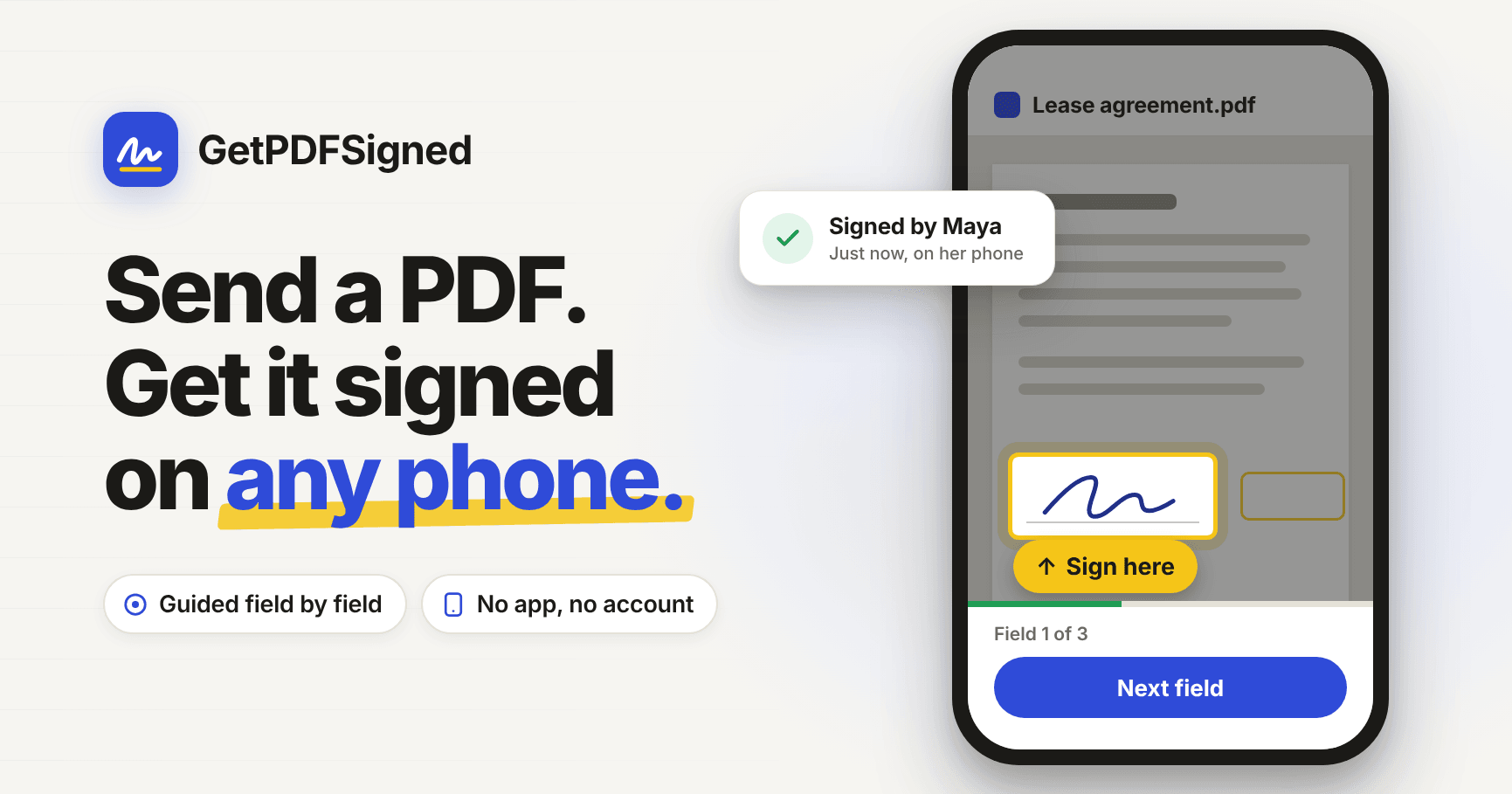 A phone showing a lease agreement PDF with the signature field highlighted and a Sign here label, next to a Signed by Maya confirmation